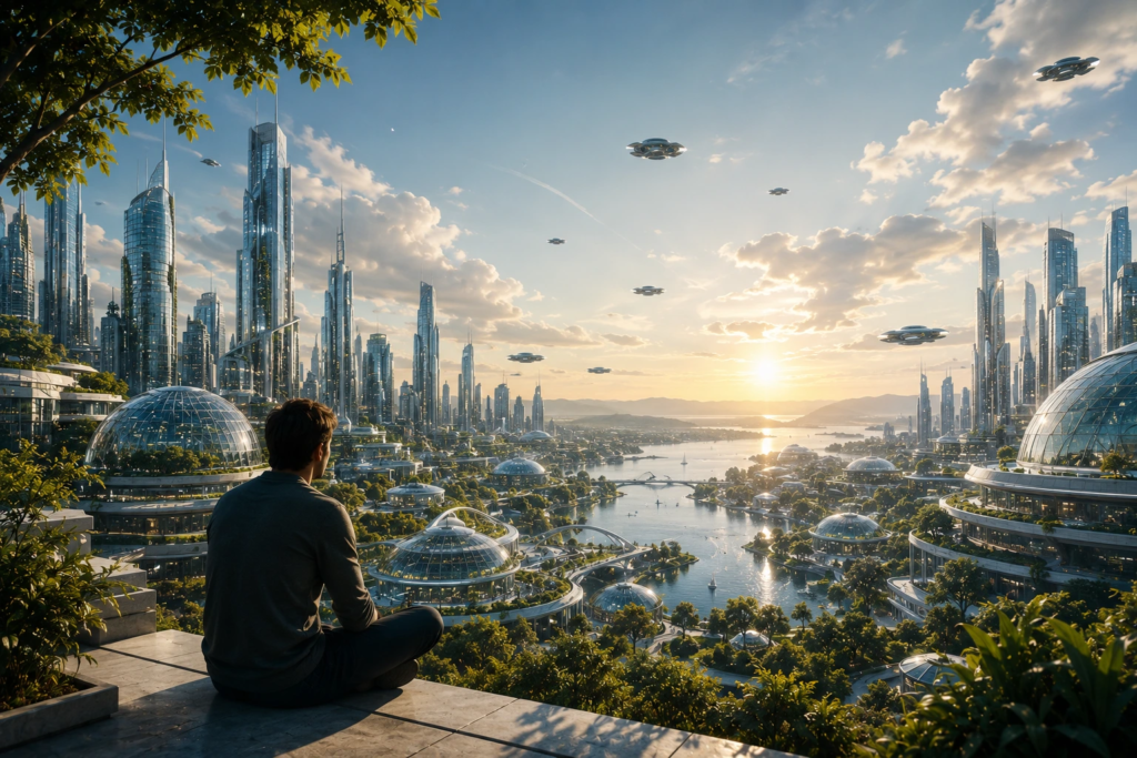 Humanity standing before a post-scarcity future where abundance, artificial intelligence, and perfect happiness raise questions about meaning and purpose.