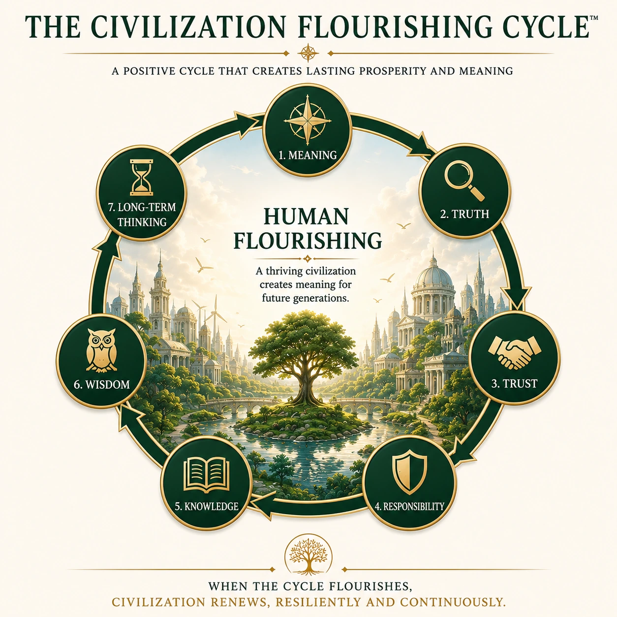 The Civilization Flourishing Cycle showing meaning, truth, trust, responsibility, knowledge, wisdom, and long-term thinking reinforcing human flourishing.
