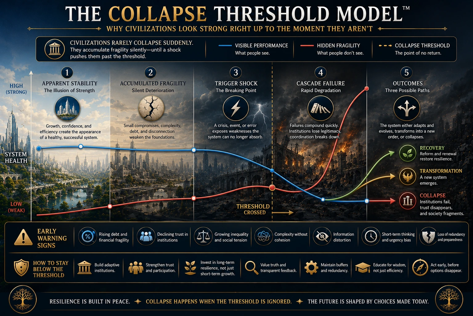 The Collapse Threshold Model from apparent stability and hidden fragility to shock, failure, recovery, transformation, or collapse.