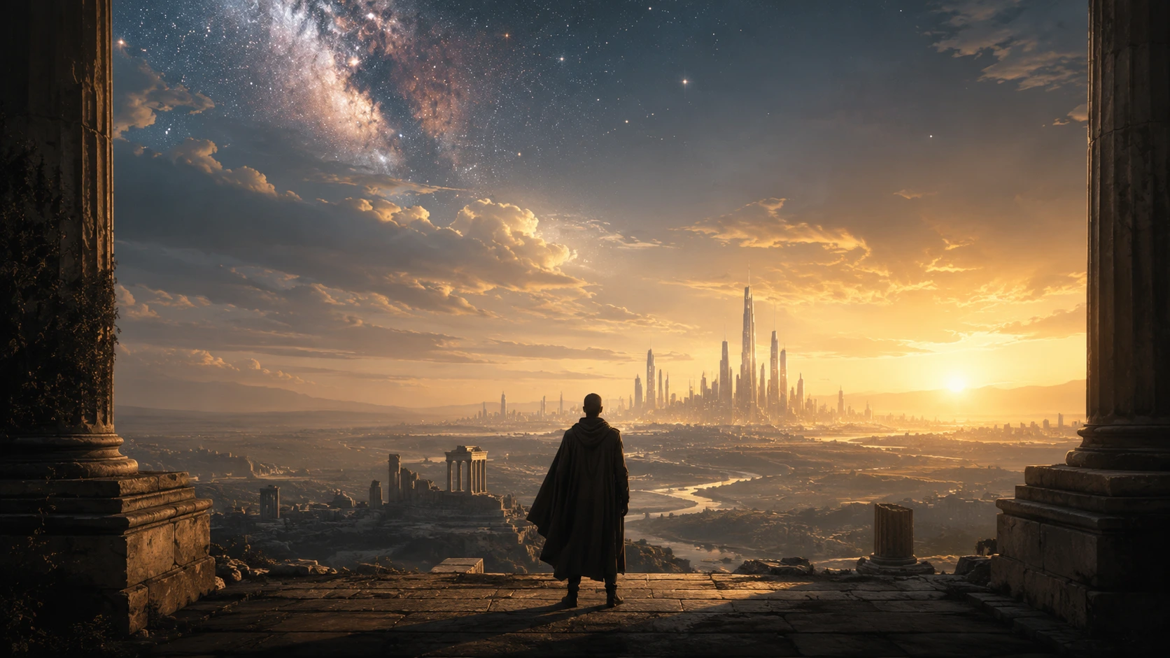 A lone guardian overlooking ancient ruins and a distant future city beneath a cosmic sky