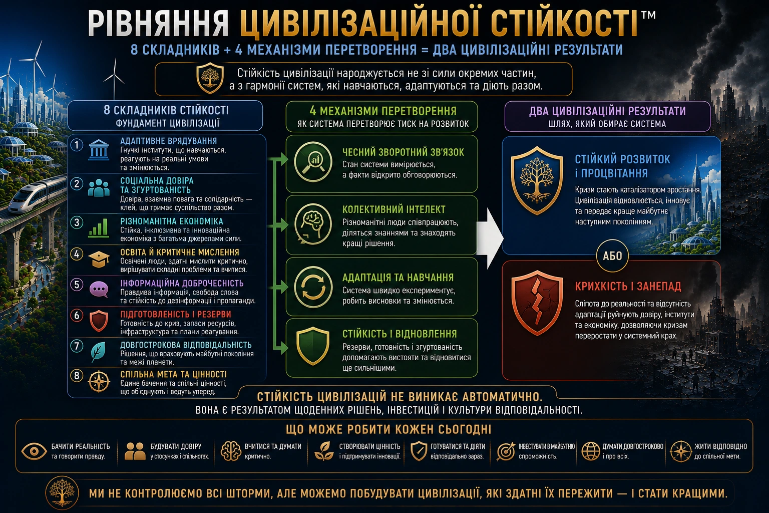 Рівняння цивілізаційної стійкості з восьми складників, чотирьох механізмів і двох можливих результатів