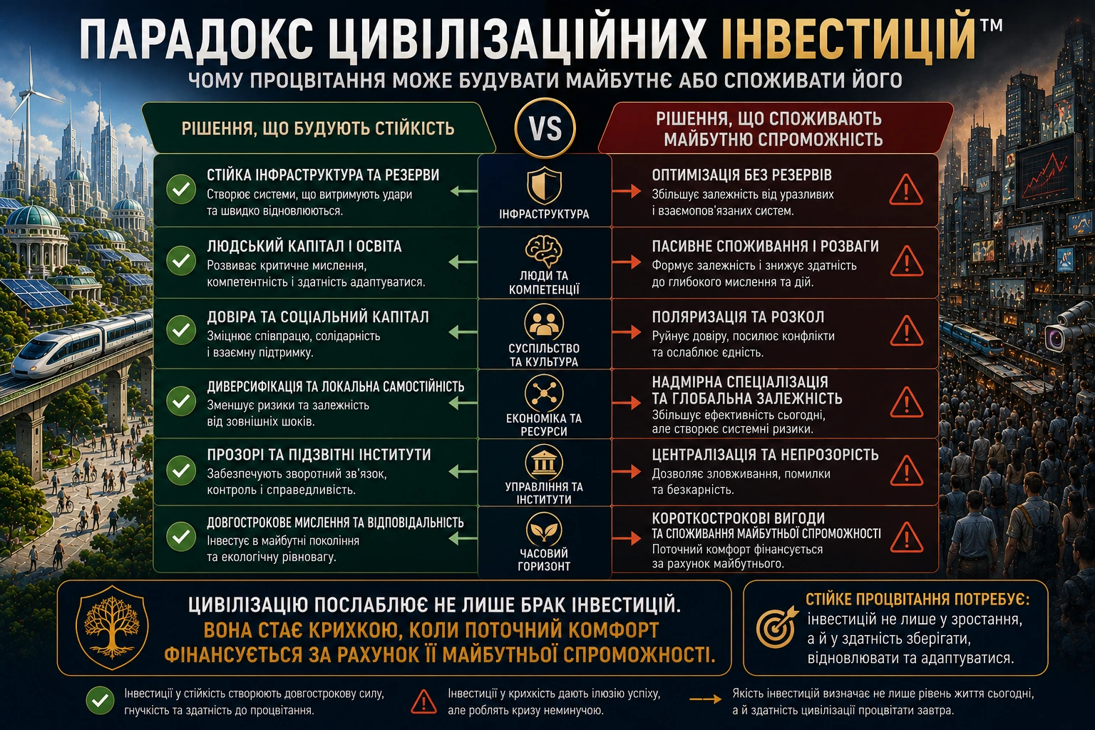 Парадокс цивілізаційних інвестицій між рішеннями, що будують стійкість, і рішеннями, що споживають майбутню спроможність