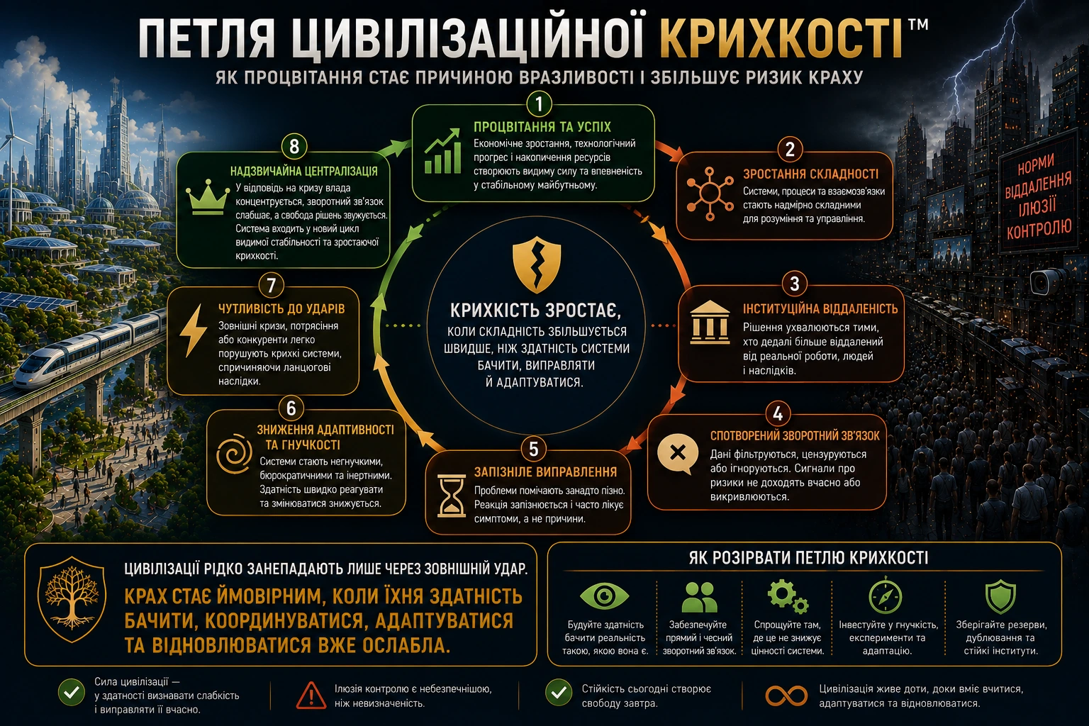 Петля цивілізаційної крихкості від процвітання до надзвичайної централізації