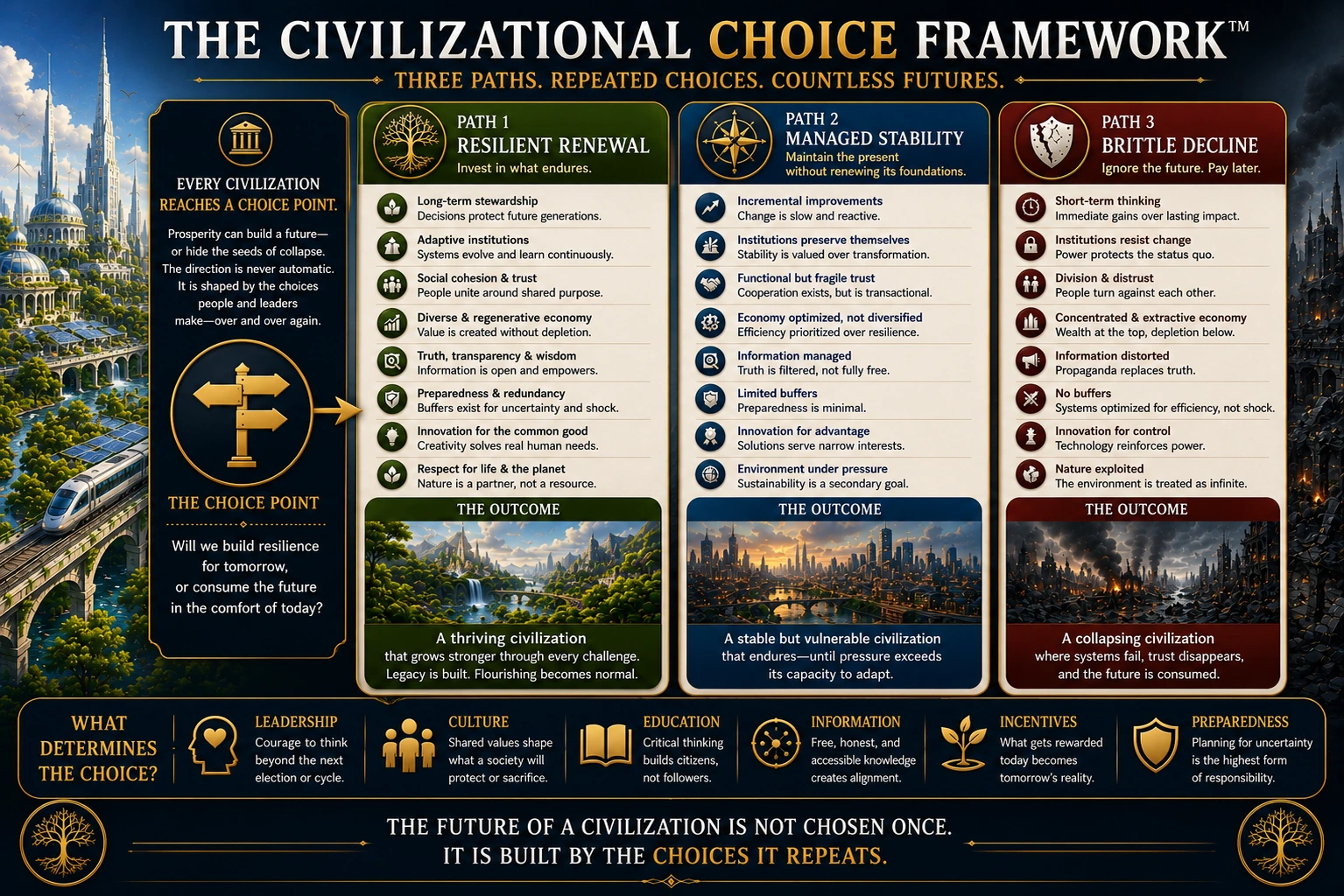 The Civilizational Choice Framework showing resilient renewal, managed stability, and brittle decline.