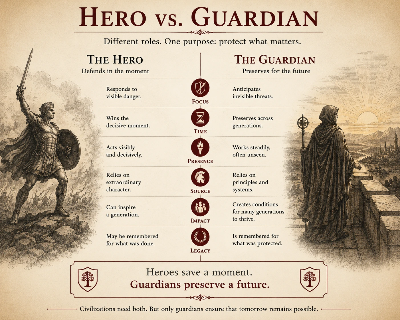 Hero versus Guardian diagram comparing immediate heroic action with the long-term preservation of civilization