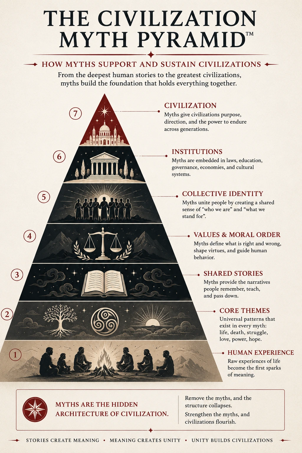 The Civilization Myth Pyramid showing human experience, core themes, shared stories, values, collective identity, institutions, and civilization