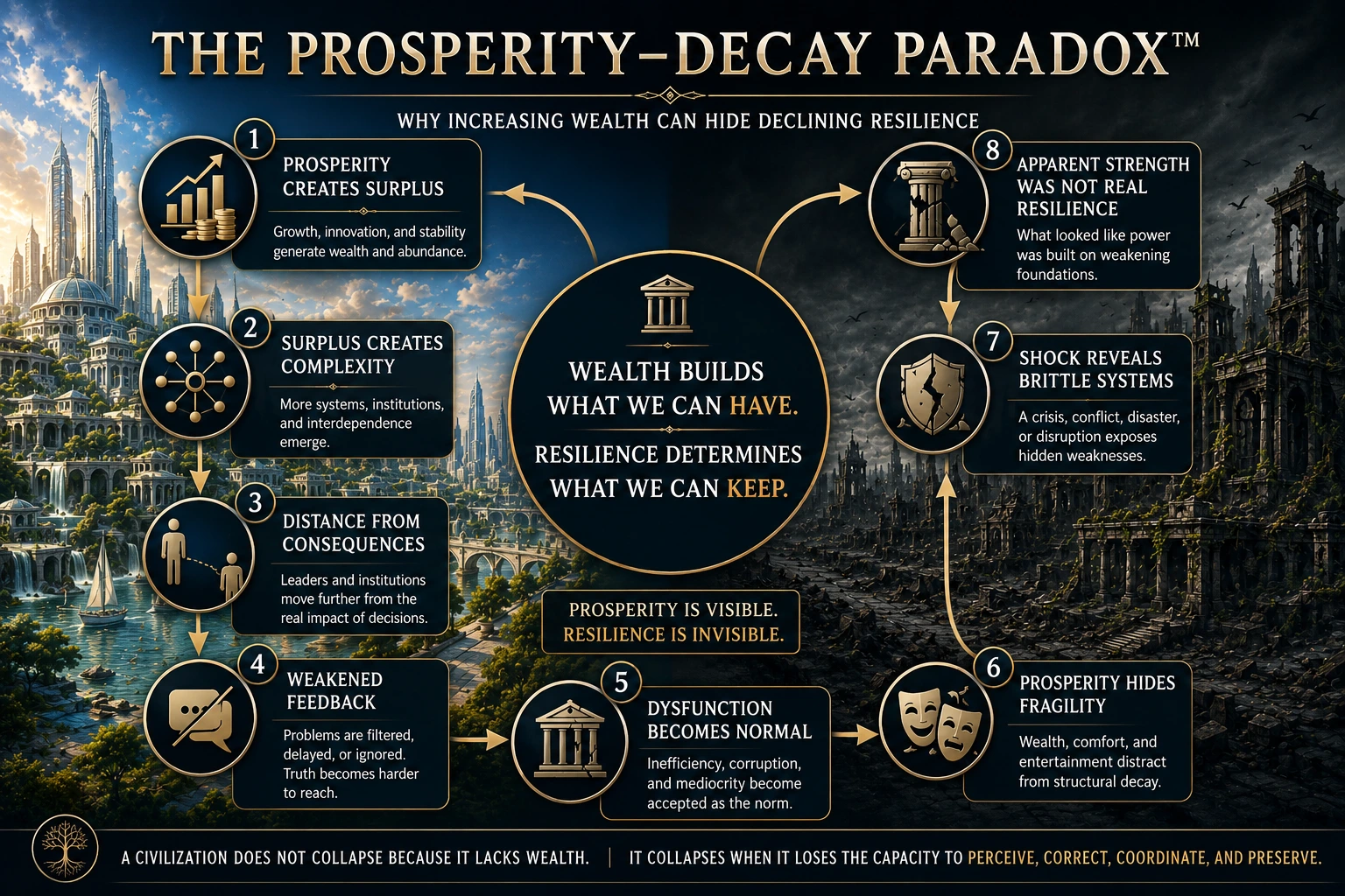 The eight-stage Prosperity–Decay Paradox from surplus and complexity to hidden fragility and exposed weakness.