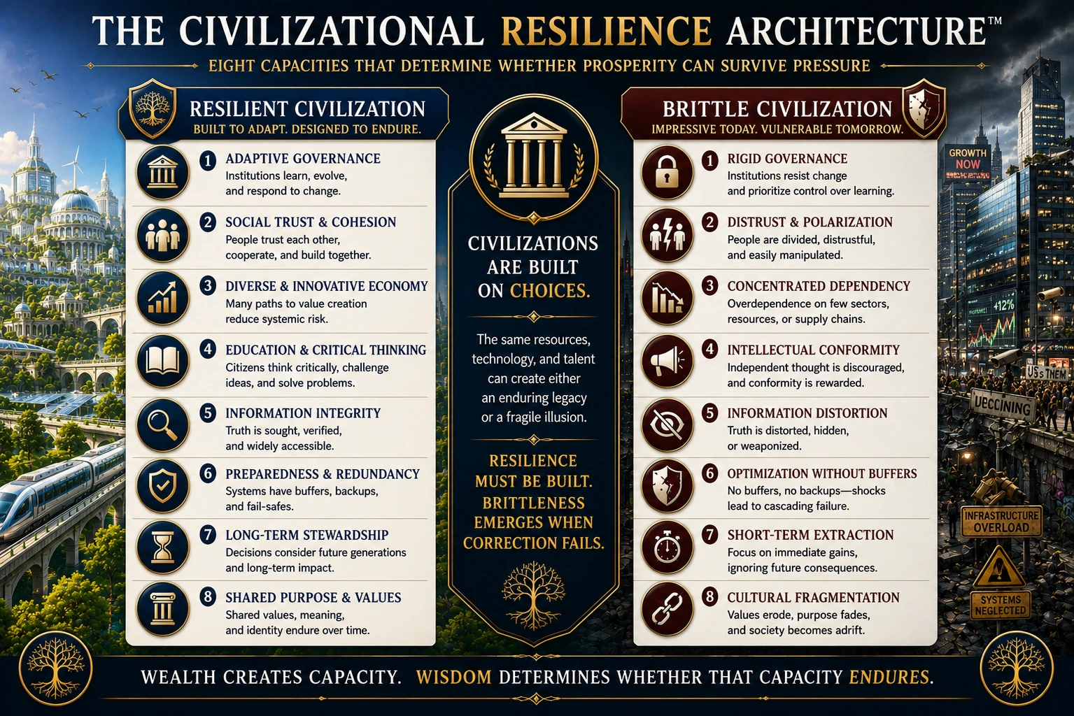 The Civilizational Resilience Architecture comparing eight capacities of resilient and brittle civilizations.