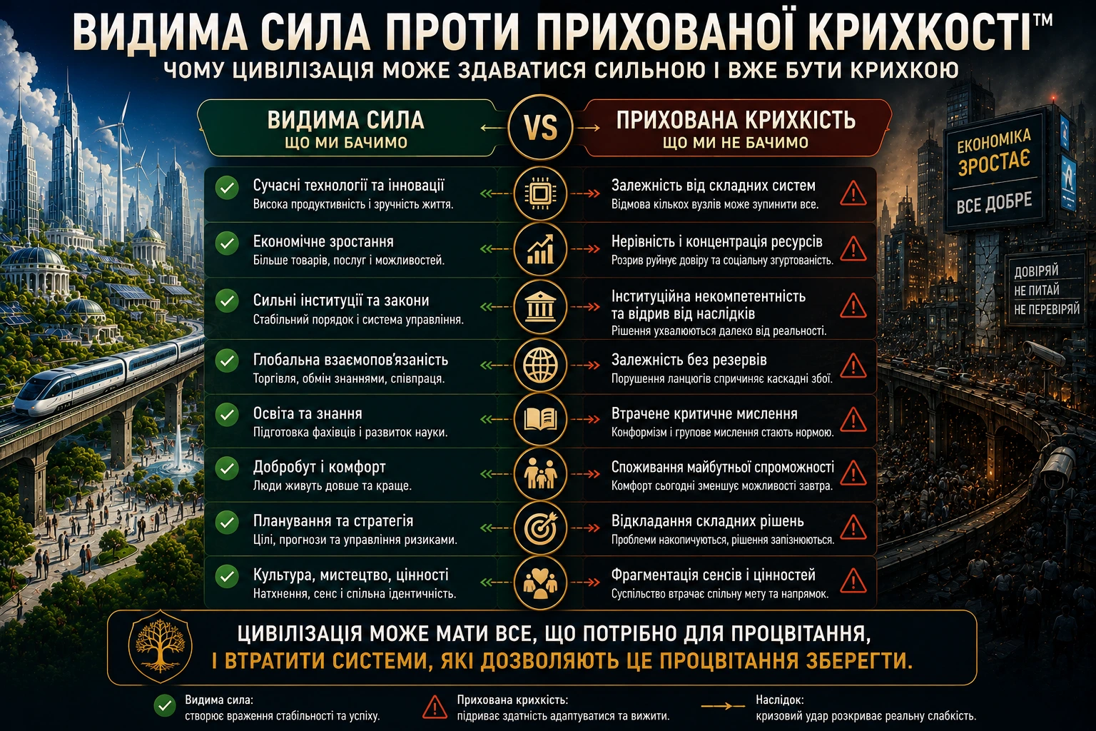 Порівняння видимої сили цивілізації з прихованою крихкістю її систем