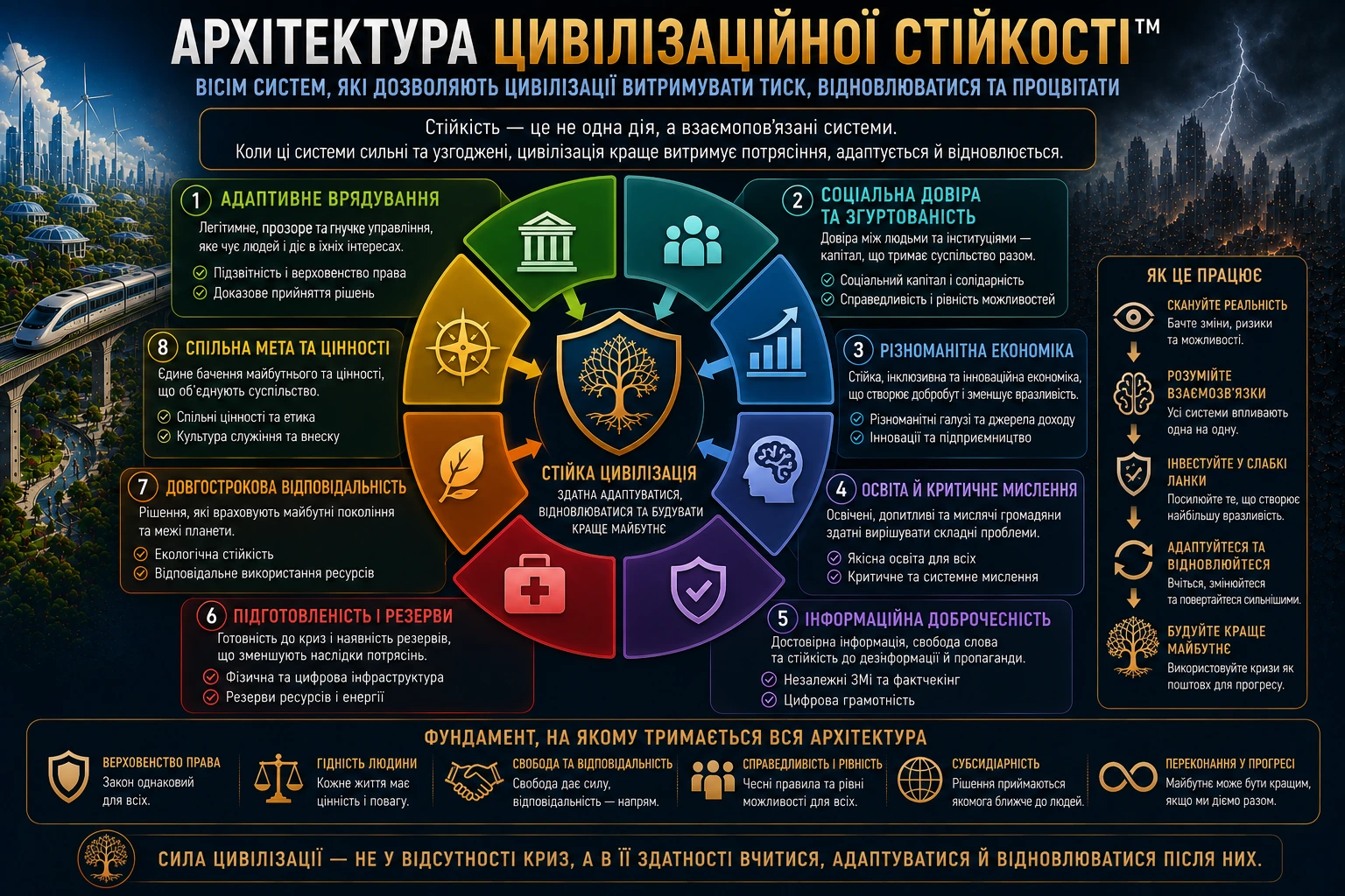 Архітектура цивілізаційної стійкості з восьми взаємопов’язаних систем