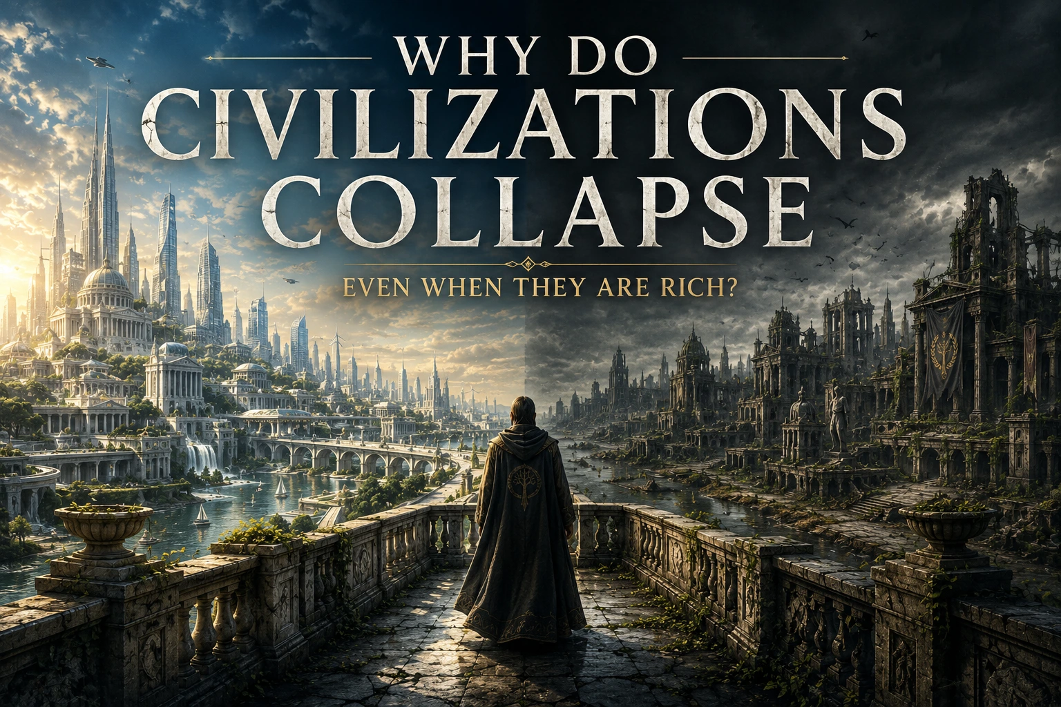 A guardian facing a flourishing city and its ruined future, illustrating civilizational prosperity and collapse.