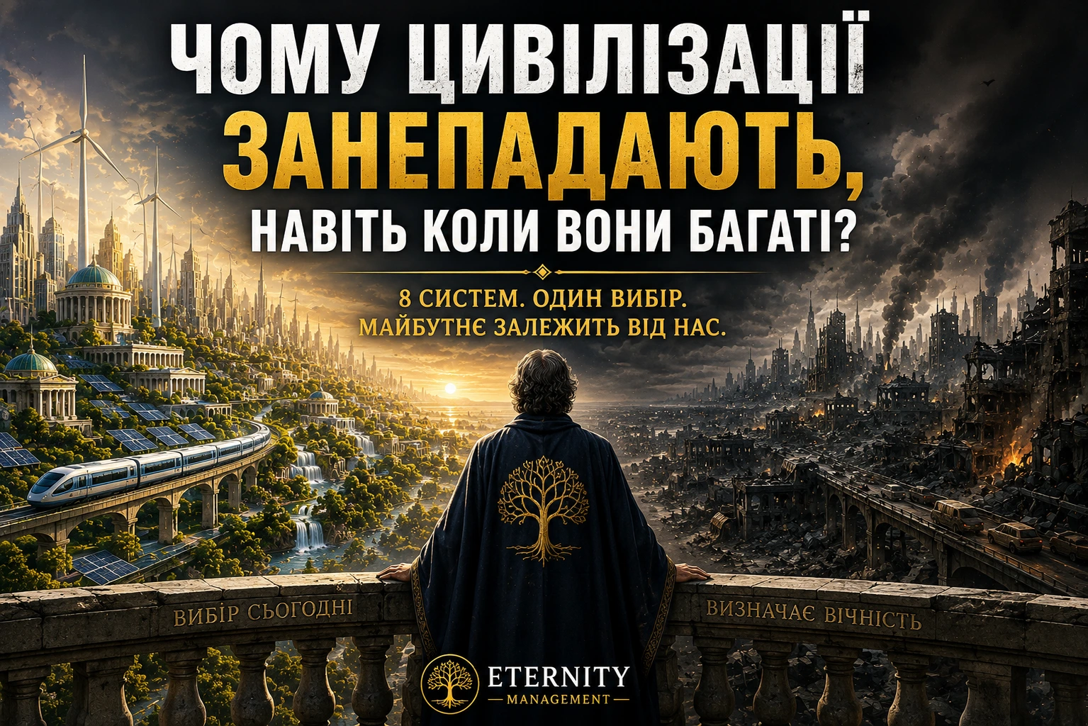 Страж стоїть між квітучою та зруйнованою цивілізаціями, показуючи, чому навіть багаті суспільства можуть занепасти