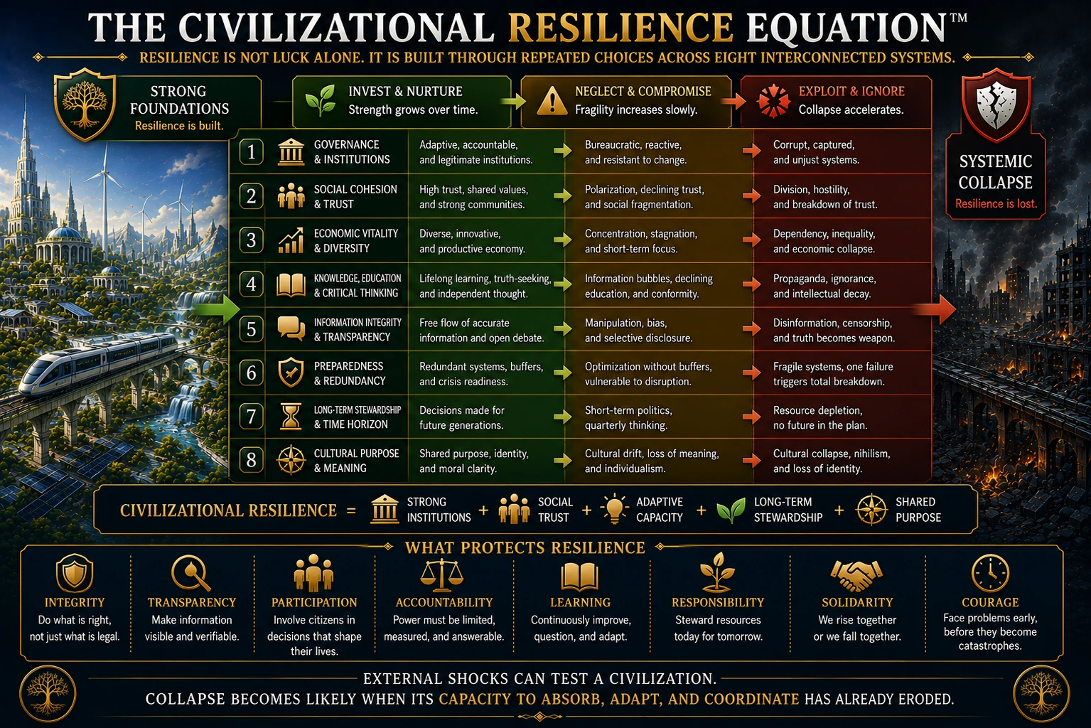 The Civilizational Resilience Equation showing eight systems moving from strong foundations toward fragility or collapse.