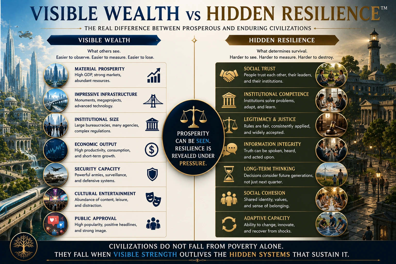 Visible wealth compared with the hidden resilience that allows a civilization to endure pressure.