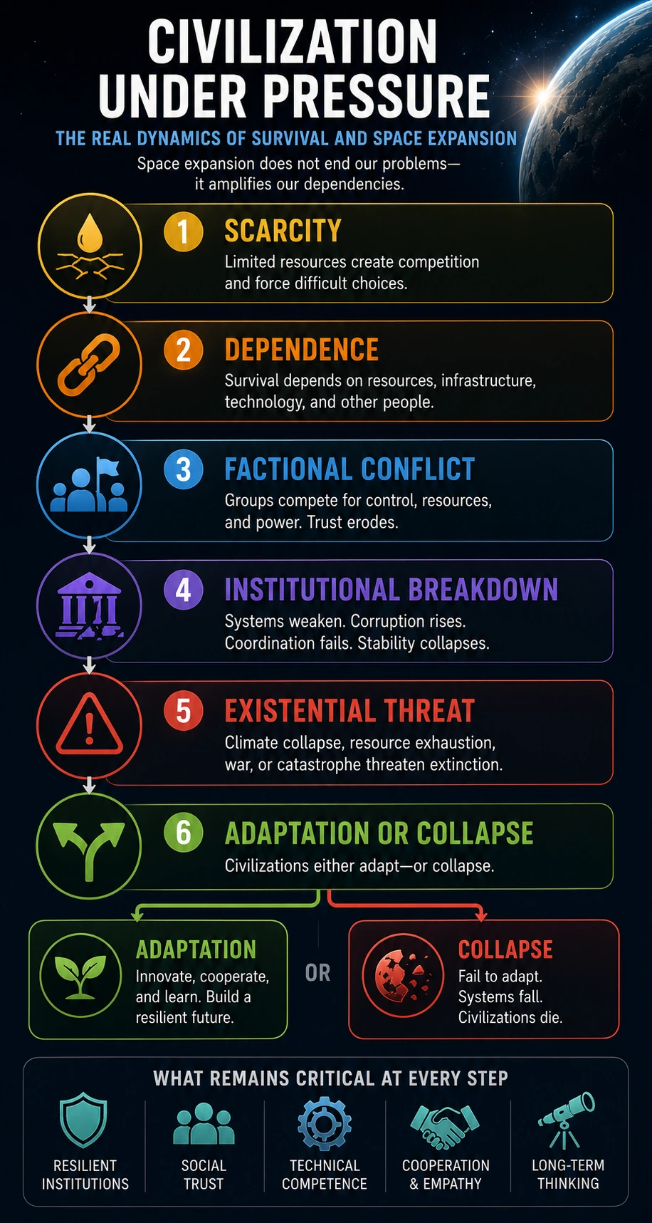 Civilization under pressure model showing scarcity, dependence, factional conflict, institutional breakdown, existential threat, and adaptation or collapse