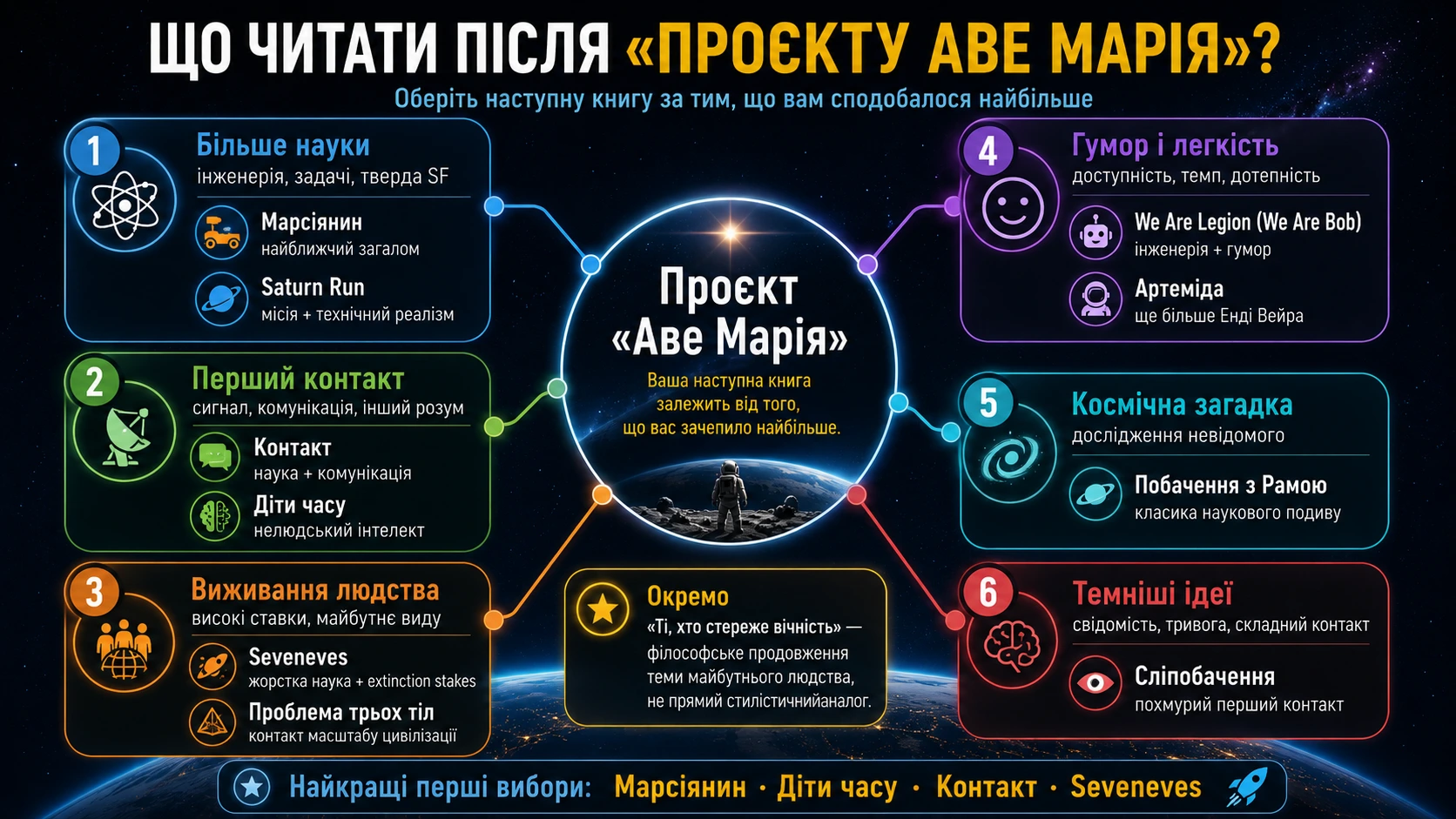 Що читати після Проєкту Аве Марія: вибір книги за наукою, першим контактом, виживанням, гумором, космічною загадкою або темнішими ідеями