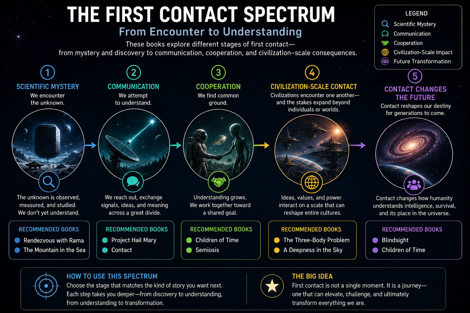 First contact spectrum from scientific mystery to communication, cooperation, civilization-scale contact and future transformation