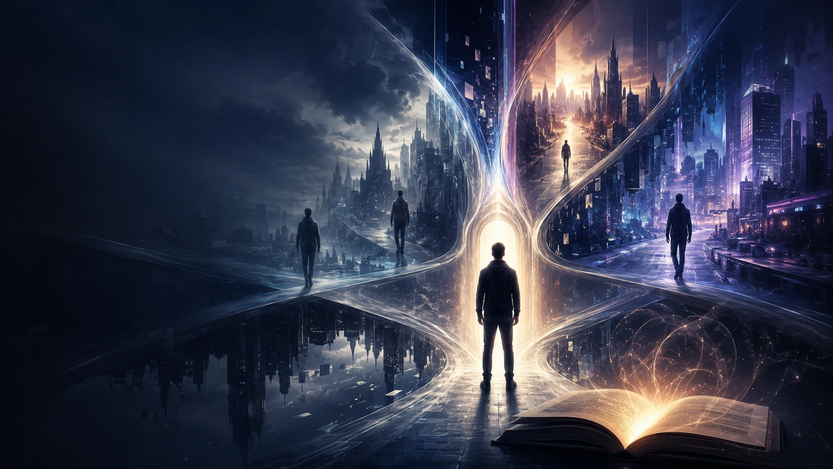 Reader facing branching parallel worlds in an illustration for books like Dark Matter