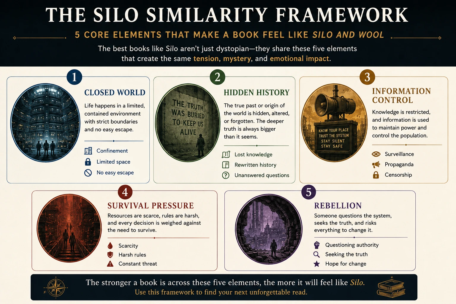 The Silo Similarity Framework showing closed world, hidden history, information control, survival pressure, and rebellion