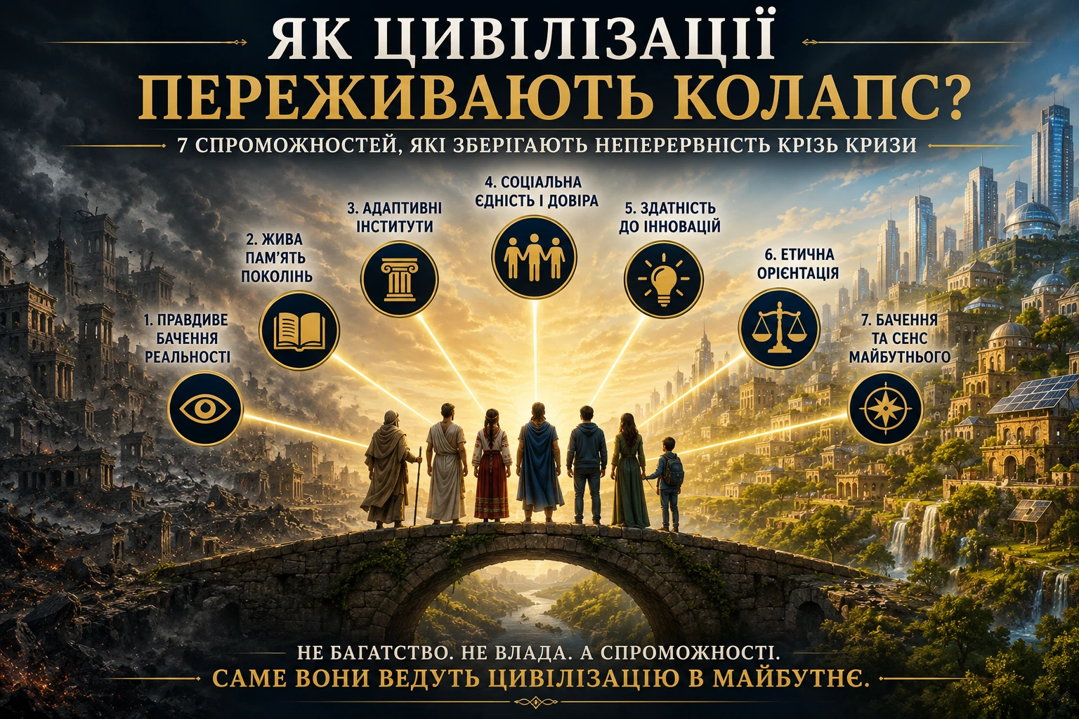 Зруйнована та відновлена цивілізації, з’єднані мостом і сімома спроможностями, що допомагають суспільству пережити колапс