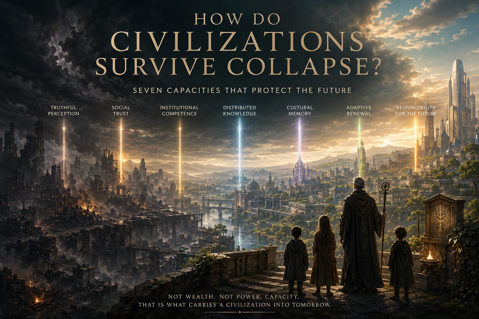 A civilization moving from burning ruins toward a flourishing future through seven capacities: truthful perception, social trust, institutional competence, distributed knowledge, cultural memory, adaptive renewal, and responsibility for the future.