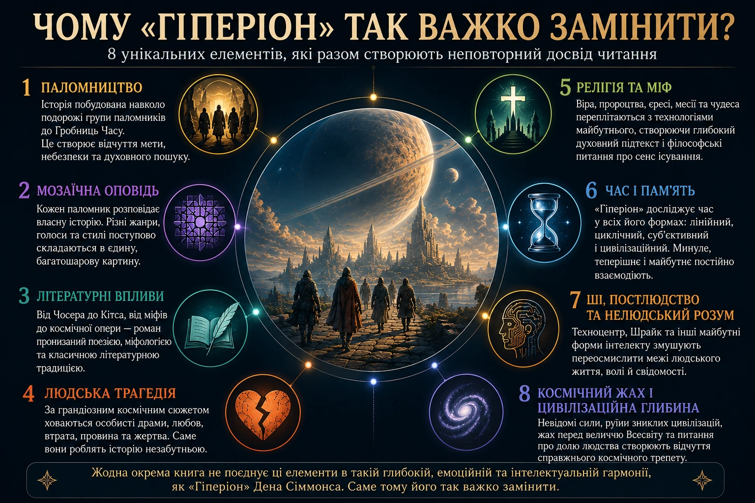 Вісім елементів, через які «Гіперіон» важко замінити: паломництво, мозаїчна оповідь, літературні впливи, трагедія, релігія, час, нелюдський розум і космічний жах