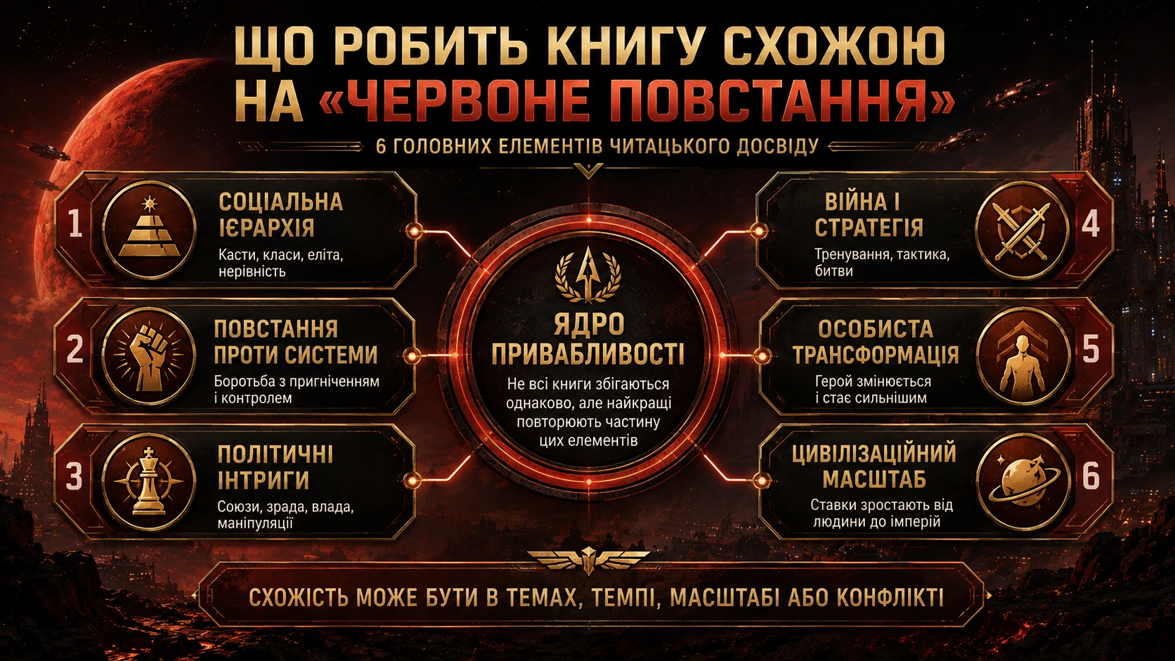 Що робить книгу схожою на Червоне повстання: ієрархія, повстання, політика, війна, трансформація та масштаб