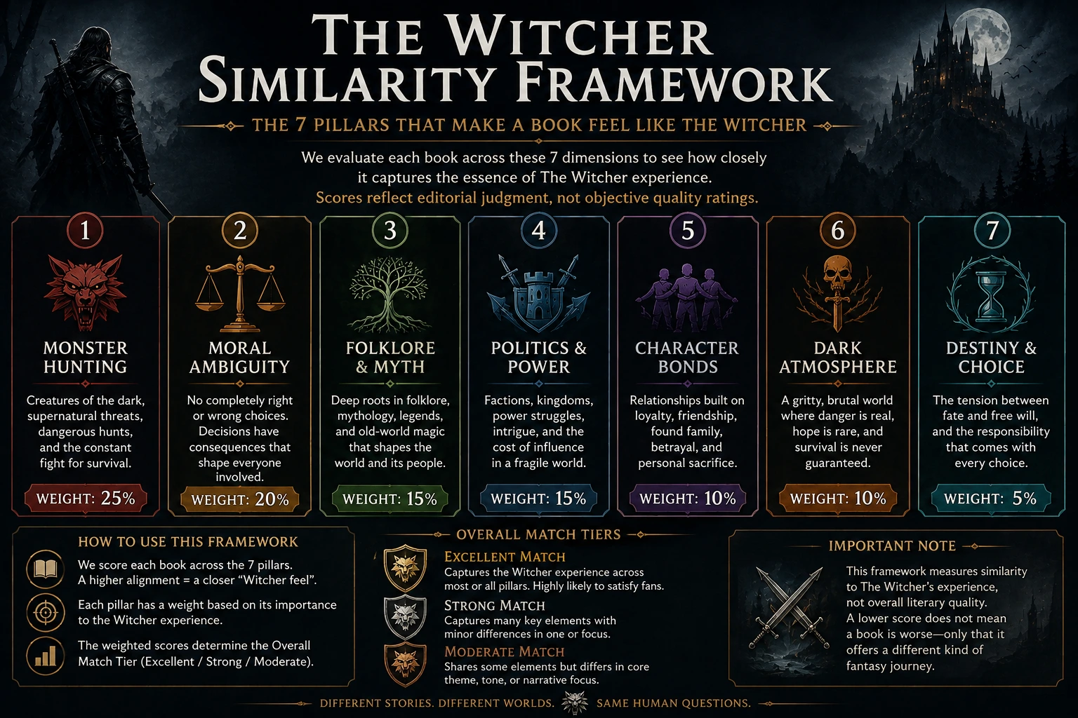 The Witcher similarity framework showing seven weighted pillars including monster hunting, moral ambiguity, folklore, politics, relationships, dark atmosphere, and destiny