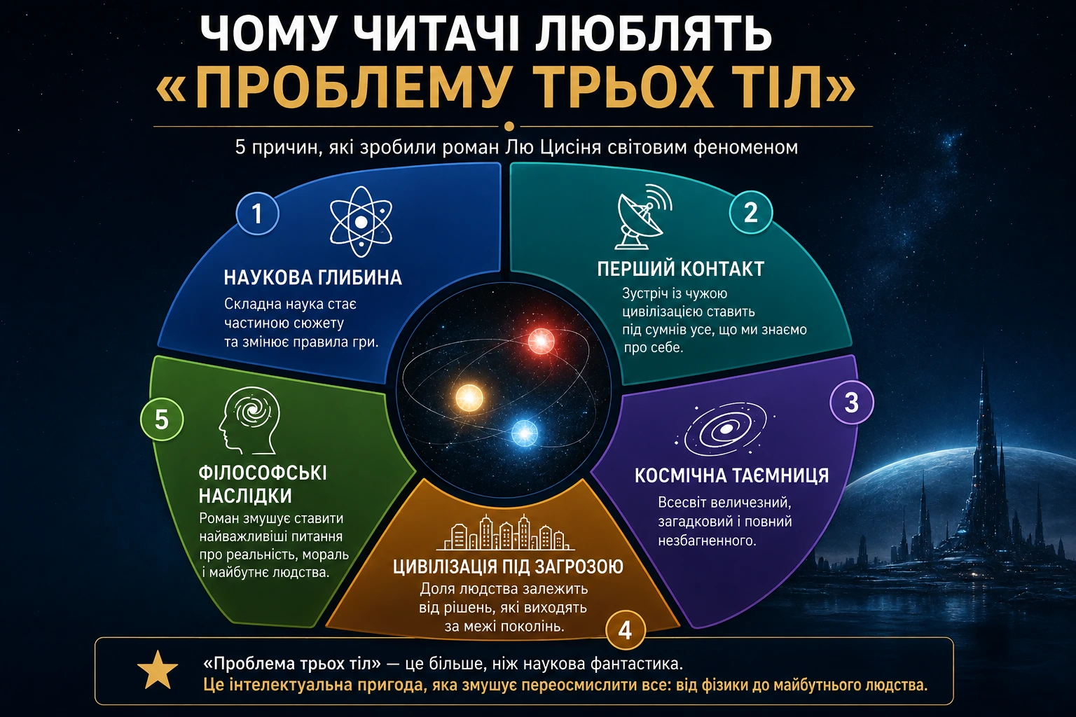 Чому читачі люблять «Проблему трьох тіл»: п’ять причин — наукова глибина, перший контакт, космічна таємниця, цивілізація під загрозою та філософські наслідки