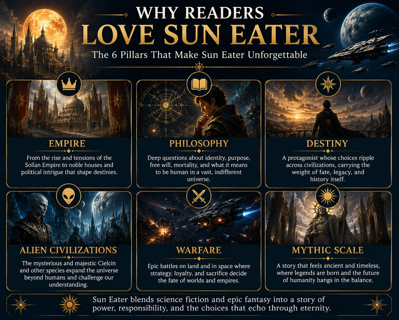 Six pillars that explain why readers love Sun Eater: empire, philosophy, destiny, alien civilizations, warfare, and mythic scale