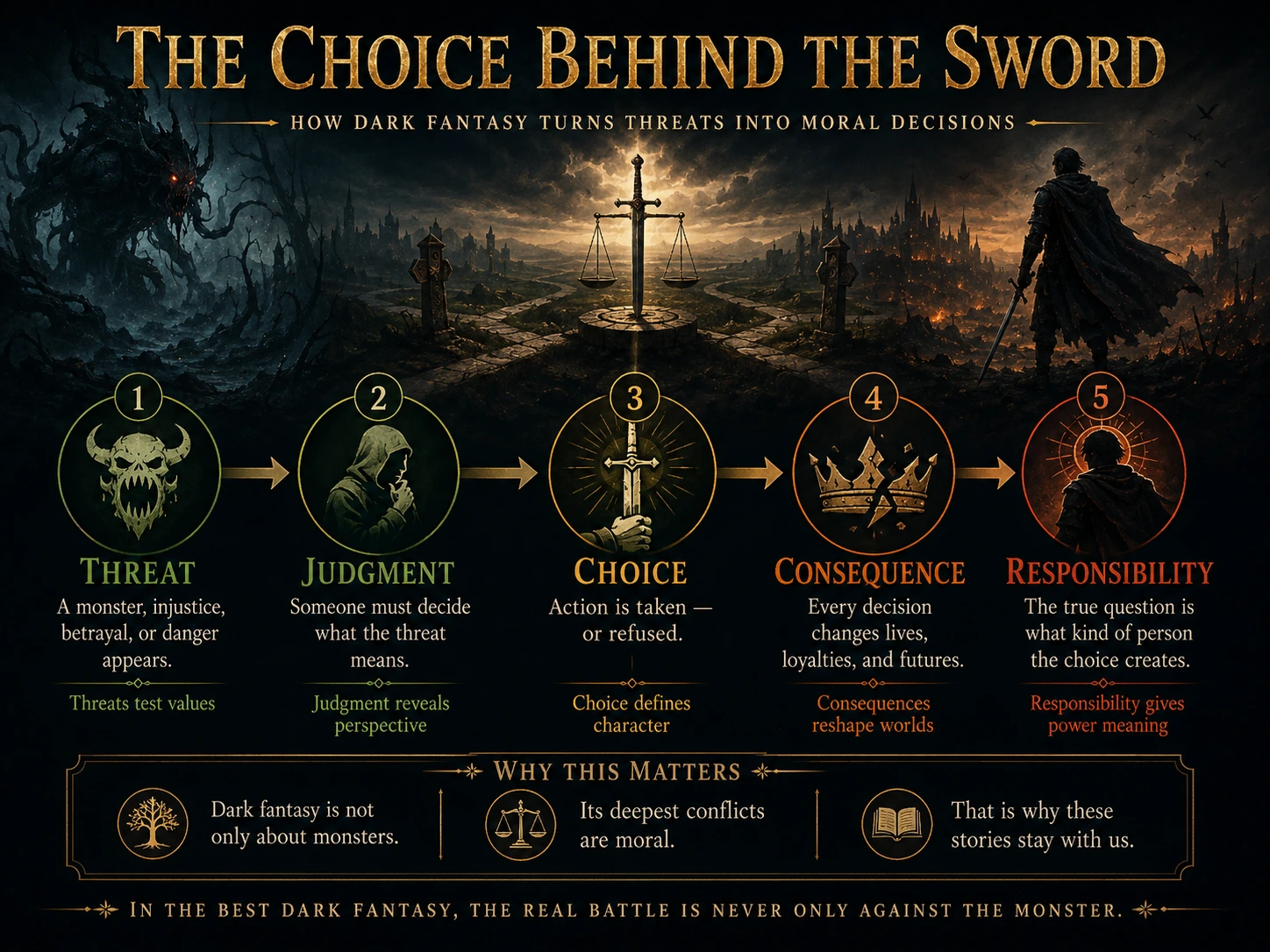 The Choice Behind the Sword diagram showing threat, judgment, choice, consequence, and responsibility in dark fantasy