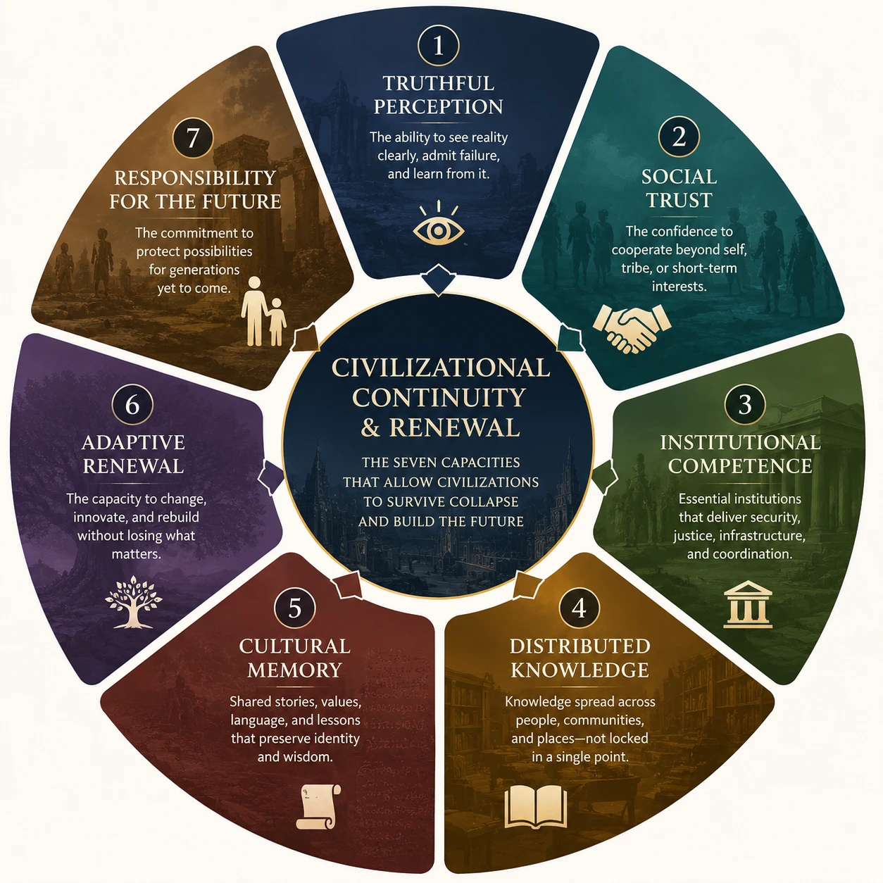 The Seven Capacities of Civilizational Survival: truthful perception, social trust, institutional competence, distributed knowledge, cultural memory, adaptive renewal, and responsibility for the future surrounding civilizational continuity and renewal.
