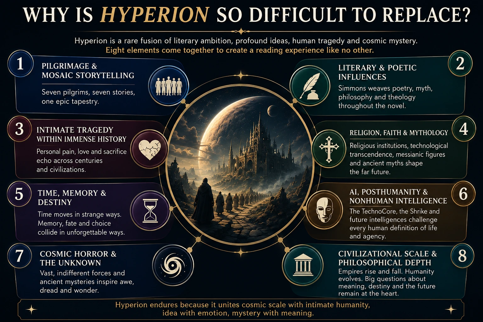 Eight elements that make Hyperion difficult to replace, including mosaic storytelling, faith, time, AI, cosmic horror and philosophical depth