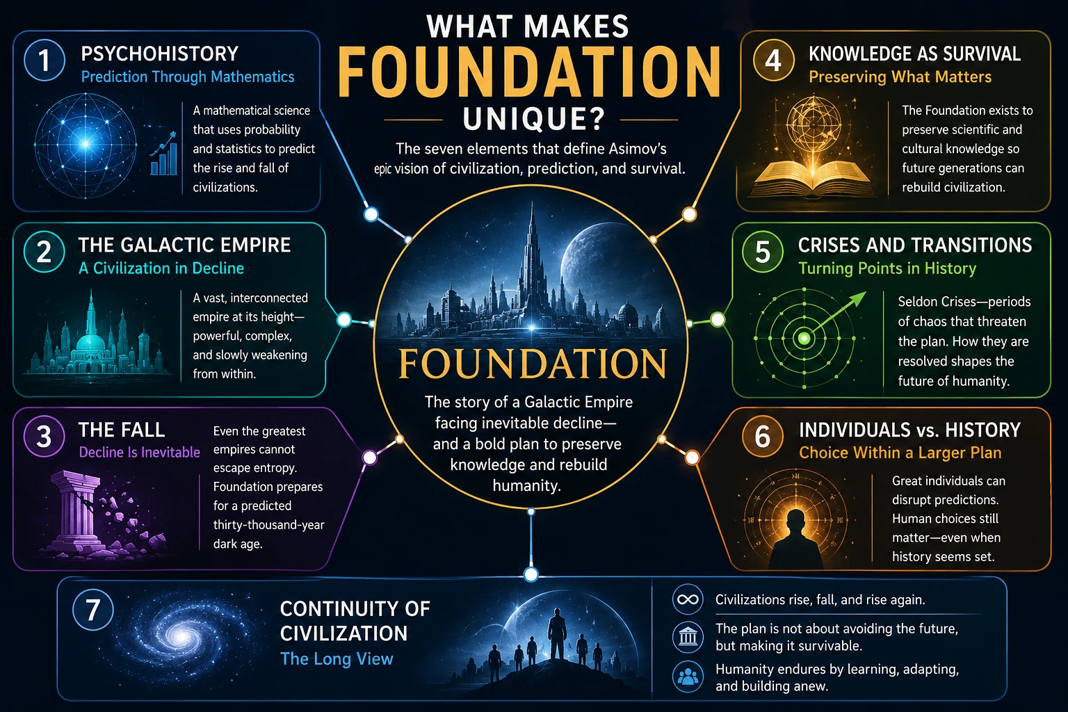 Seven elements that make Foundation unique: psychohistory, a declining Galactic Empire, collapse, knowledge preservation, crises, individual agency, and civilizational continuity
