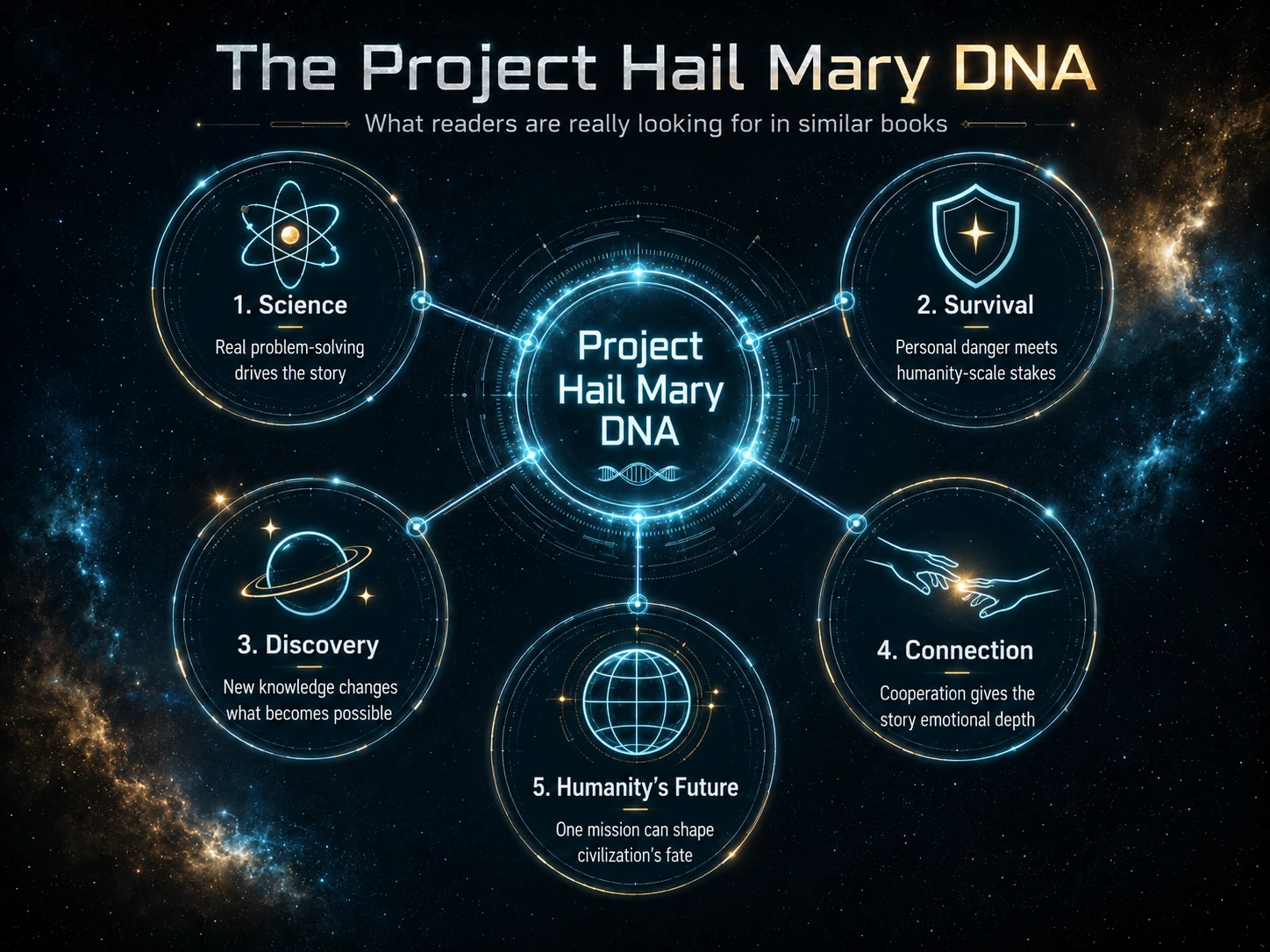 Project Hail Mary DNA infographic showing science, survival, discovery, connection and humanity's future