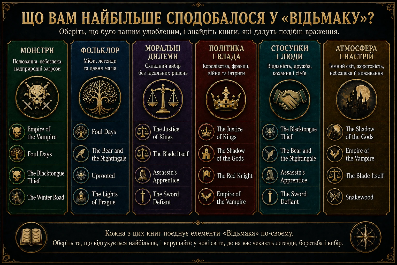 Що найбільше сподобалося у Відьмаку — вибір книг за монстрами, фольклором, моральними дилемами, політикою, стосунками та атмосферою