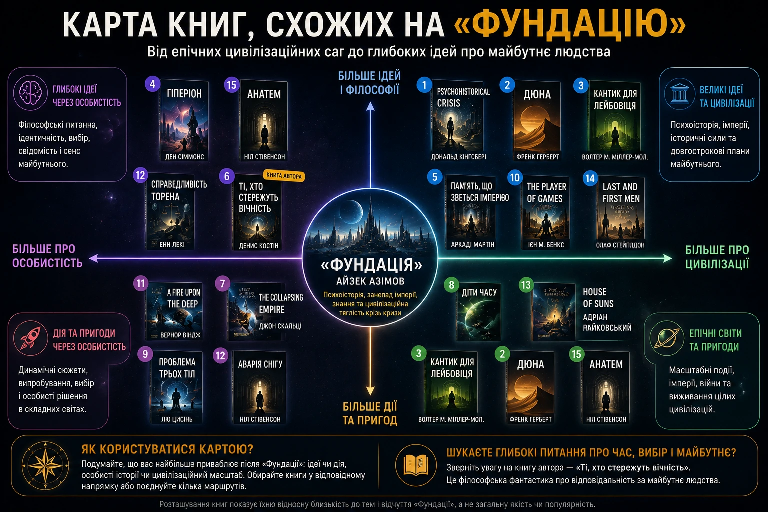 Карта книг, схожих на Фундацію, за осями ідеї та дія, особистість і цивілізації