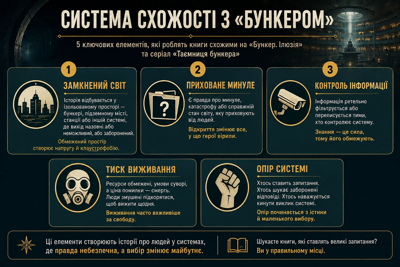 Система схожості з «Бункером»: замкнений світ, приховане минуле, контроль інформації, тиск виживання та опір системі