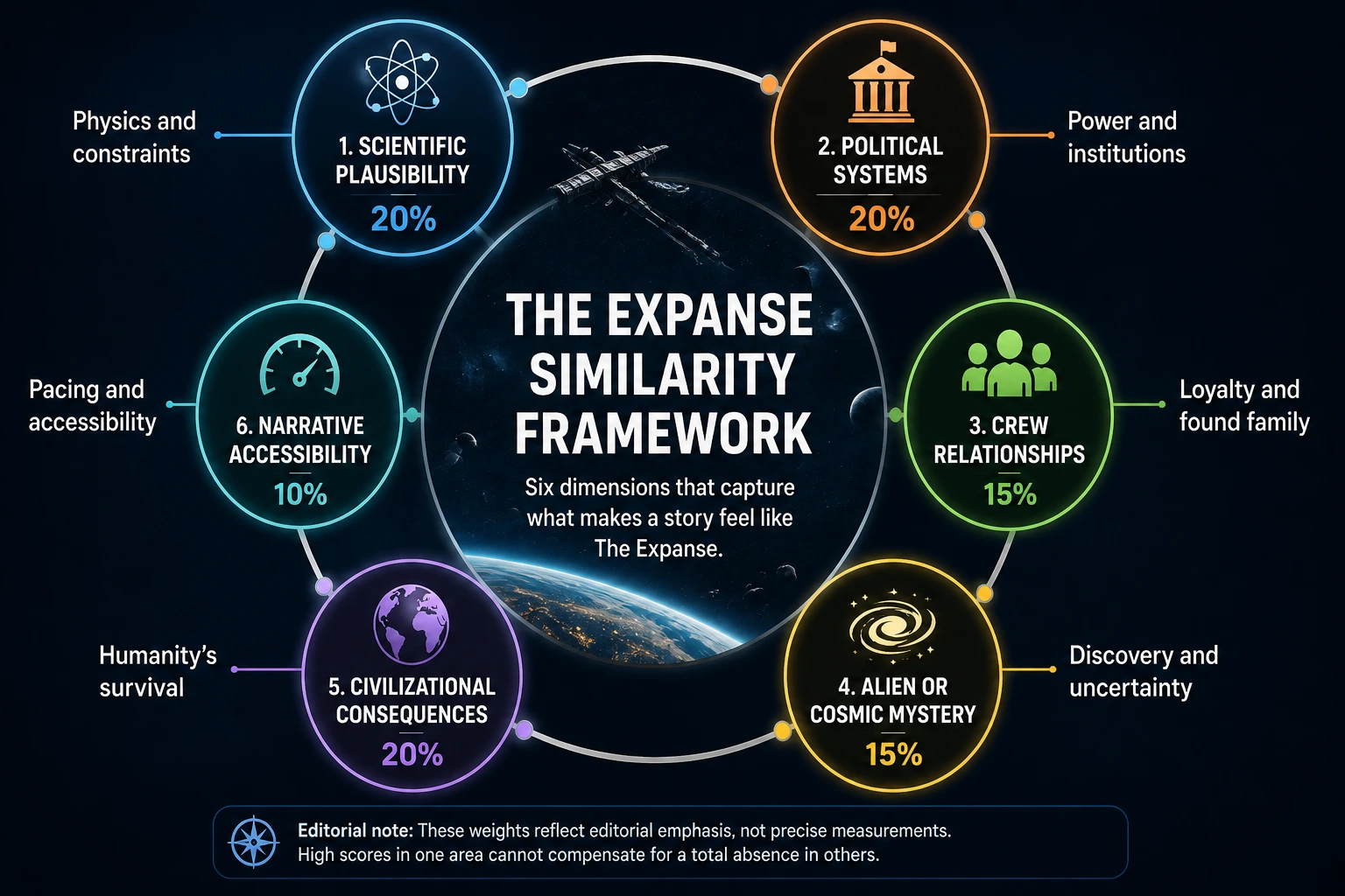 The Expanse Similarity Framework with six dimensions: scientific plausibility, political systems, crew relationships, cosmic mystery, civilizational consequences, and accessibility