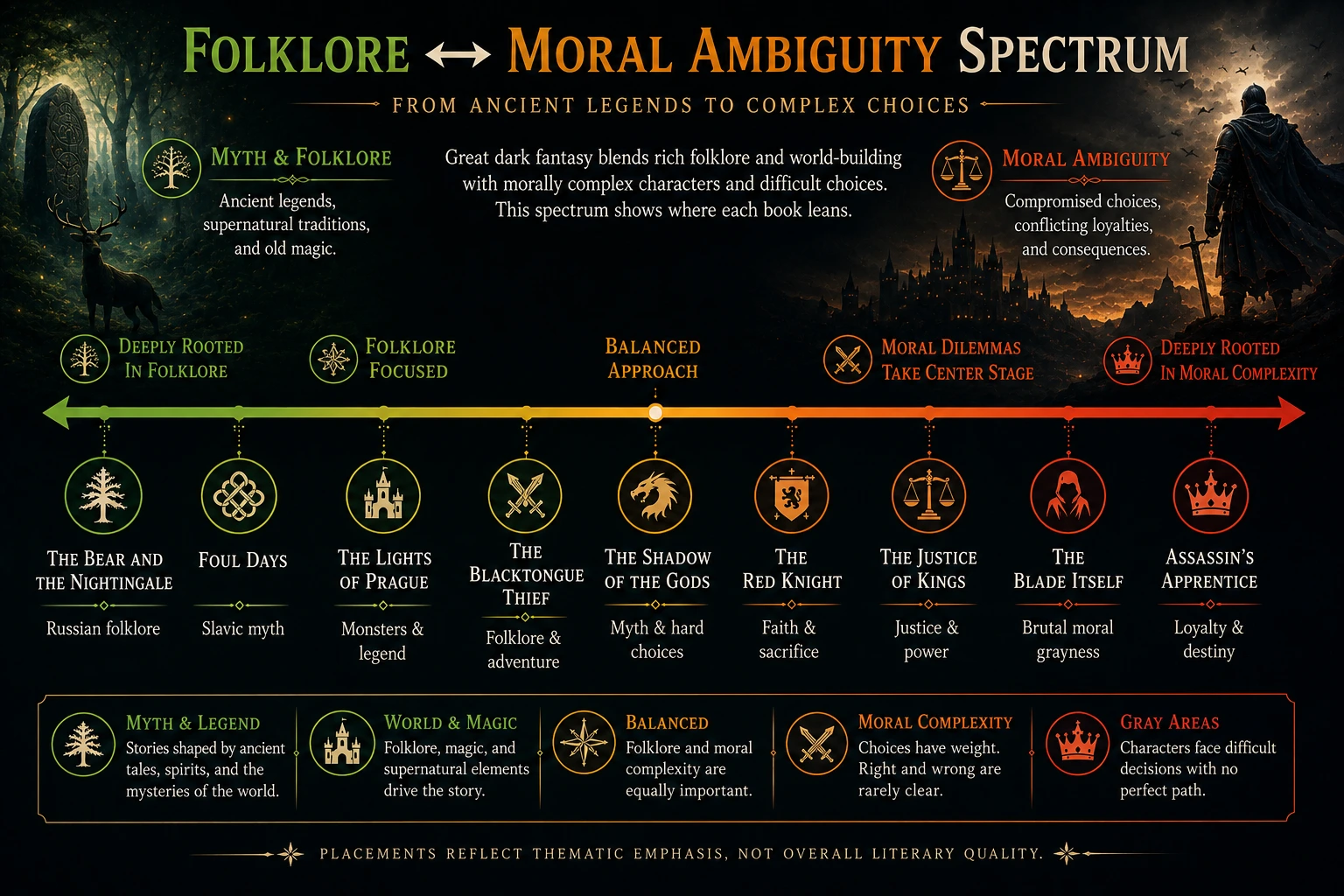 Folklore to moral ambiguity spectrum comparing books like The Witcher from myth-focused to morally complex