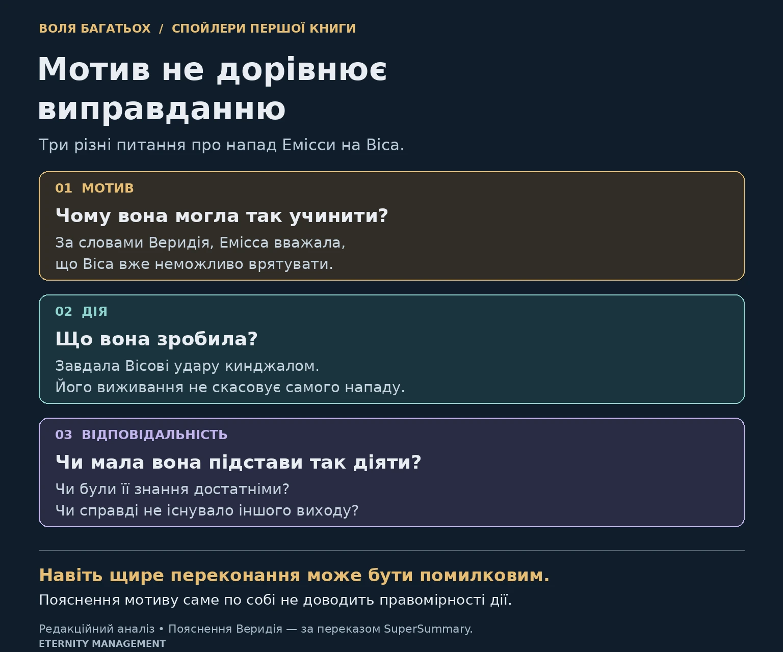 Мотив, дія та відповідальність Емісси: чому пояснення нападу на Віса не дорівнює його виправданню