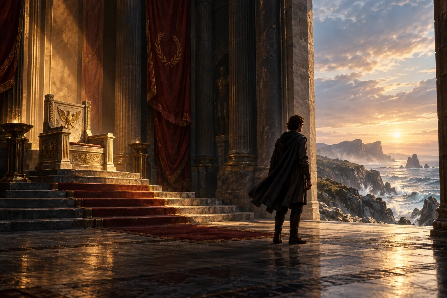 A figure stands between a golden throne and an open coastline.