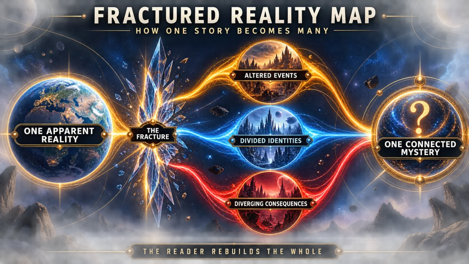 Fractured reality map showing altered events, divided identities, and diverging consequences forming one connected mystery
