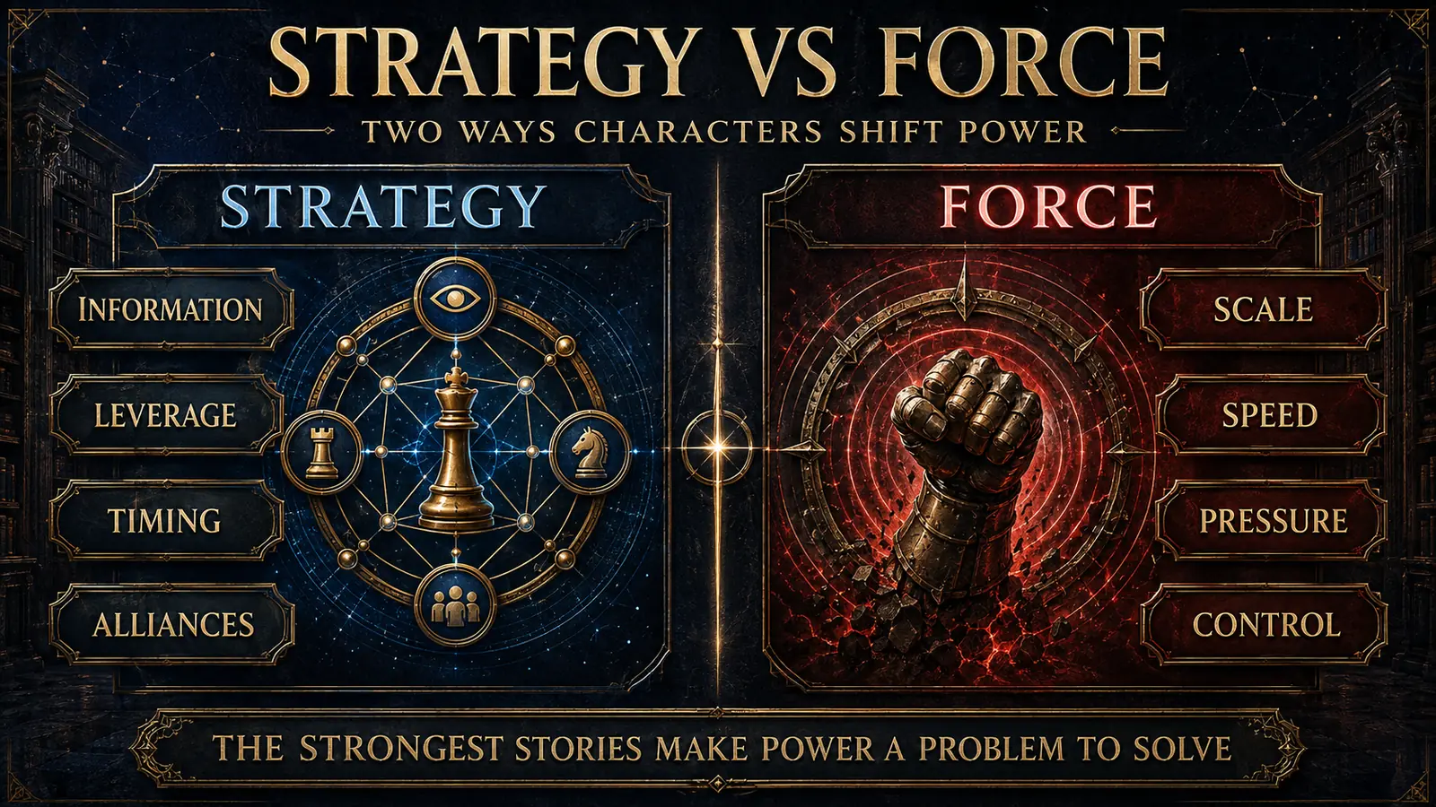 Strategy versus force comparison showing information, leverage, timing, alliances, scale, speed, pressure, and control