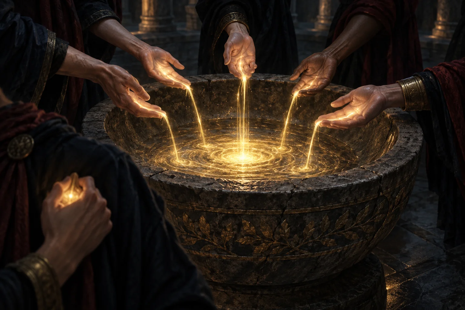 Hands release golden light into a shared basin while one person holds theirs back.