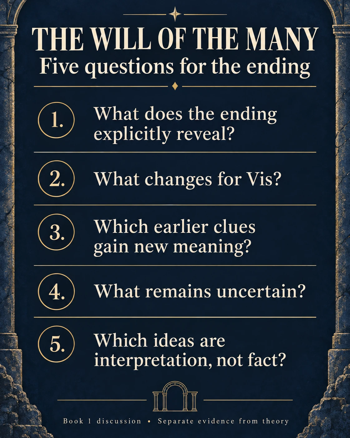 Five questions about revelations, Vis, earlier clues, uncertainty, and evidence versus theory.