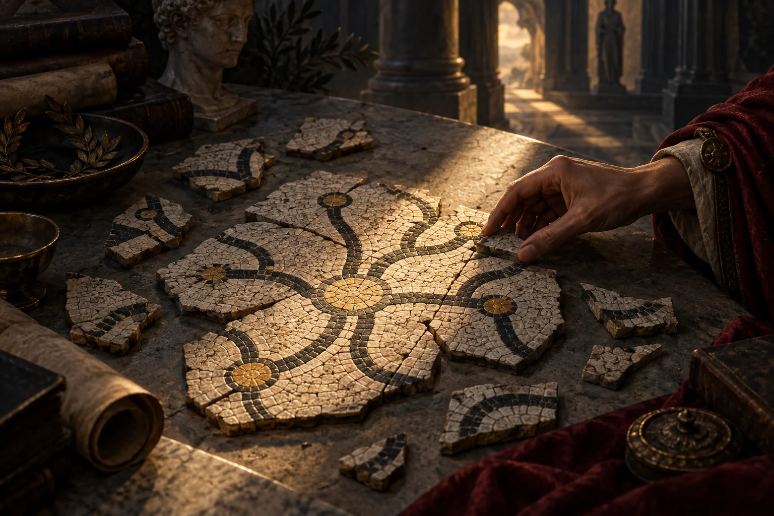 A hand assembles mosaic fragments into a connected pattern.