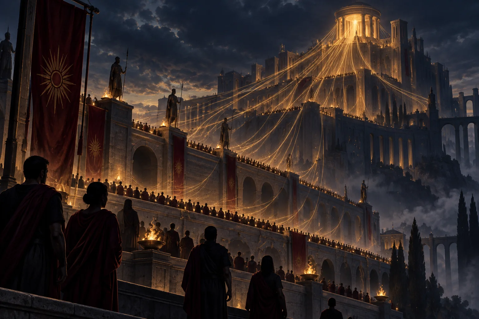 Golden threads rise from crowded terraces toward a citadel’s summit.