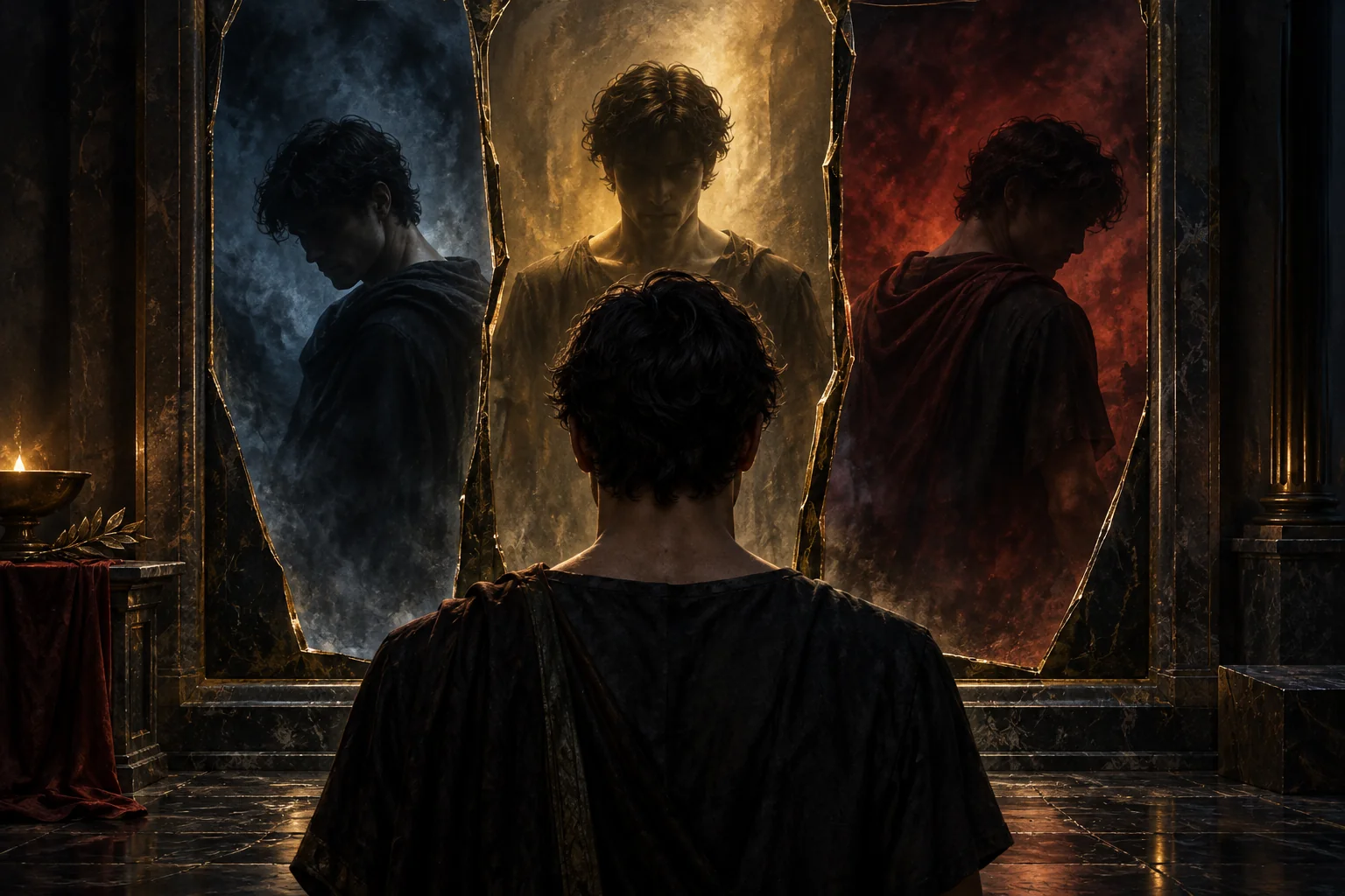 A young man faces three fractured reflections in blue, gold, and crimson.